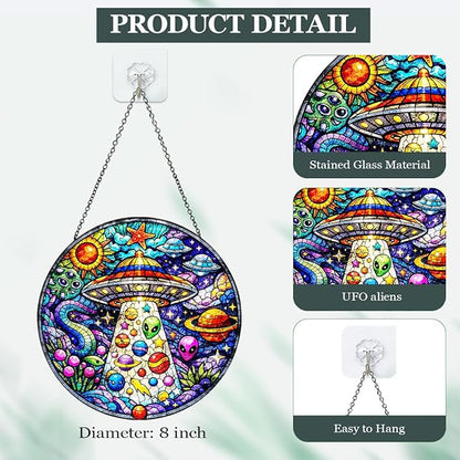 UFO Alien Stained Glass Window Hanging – Round Space Suncatcher with Chain, Colorful Glass Ornament for Bedroom Game Room Home Garden Decor Gift, 8 Inch