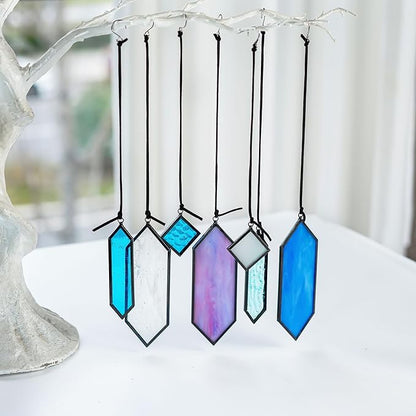HDCRYSTALGIFTS Stained Glass Window Hanging Suncatchers - 7 Pieces Handcrafted Element Earth Tones Panel Set,Modern Blue Wall Art Sun Catchers Indoor Window Home Garden Decor
