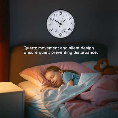 Indoor Outdoor Clocks Waterproof, Decorative Wall Clocks with Temperature and Humidity, Non Ticking Round Wall Clock Battery Operated for Patio Garden Home