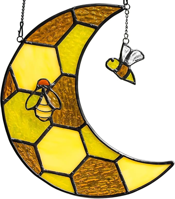 Bee Stained Glass Suncatcher for Window,Honeycomb Stained Glass Window Hanging Moon Decor,Bees Gifts for Women,Bee Lovers,Housewarming Gift,Honeybee Decor for Birthday Party