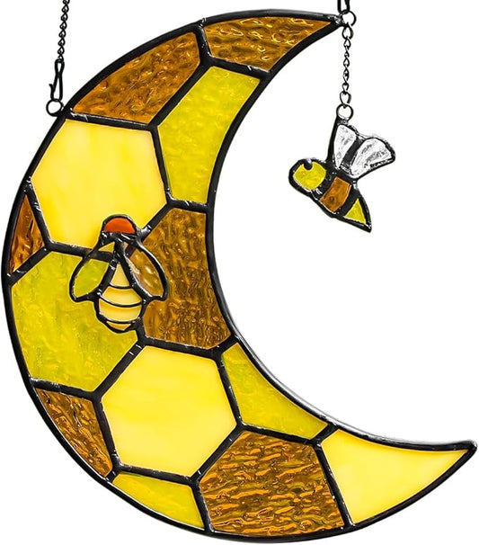 Bee Stained Glass Suncatcher for Window,Honeycomb Stained Glass Window Hanging Moon Decor,Bees Gifts for Women,Bee Lovers,Housewarming Gift,Honeybee Decor for Birthday Party
