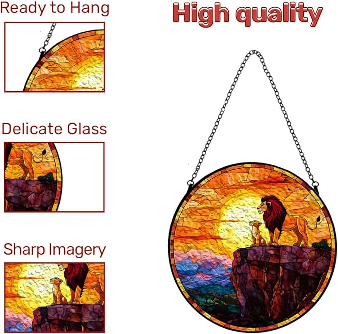 GENANY Lion Stained Glass Window Hanging, Animal Sun Catcher with Metal Chain and Hook, Lion Spring Ornament Gifts for Women Men, Spring Home Decorations, Wildlife Themed Housewarming Gifts