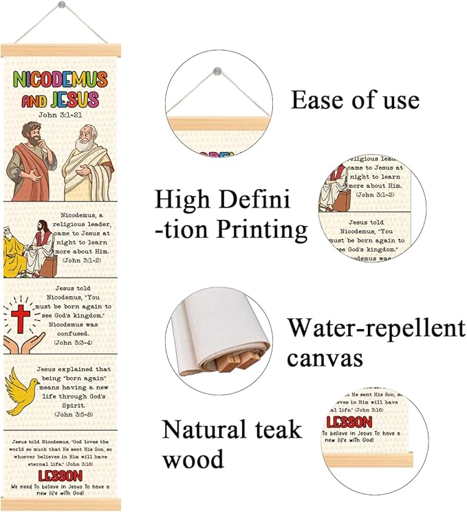 Religious Poster, Nicodemus and Jesus Poster, Bible Story Canvas Banner, Church Decoration for Wall, Church Activity Kids, Family Hanging of Scripture and Words Decorations 12