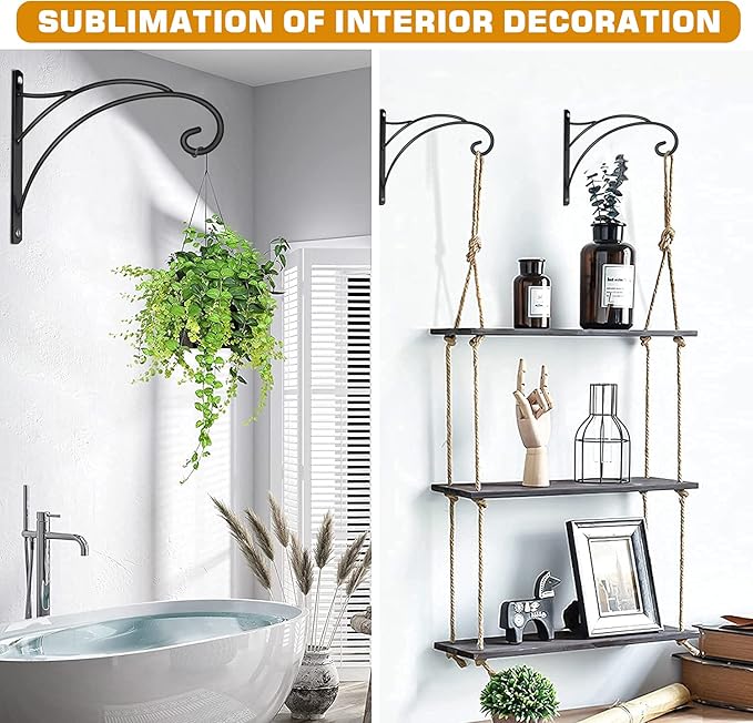 Hanging Plant Brackets, Pack of 2 Iron Hanging Basket Bracket Durable Weather-Resistant Outdoor Plant Hooks for Hanging Plant Lantern Windchime Birdhouse Metal Sign Fruit Bracket, Screw Included