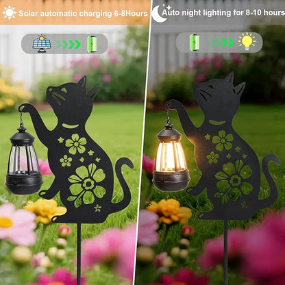 2 Pack Black Cat Solar Lights Set Metal Decorative Solar Cat Hanging Lights Outdoor Set Unisex Pet Gift Waterproof Garden Decor,Outdoor Ornament Perfect for Women' Birthdays, Mother's Day