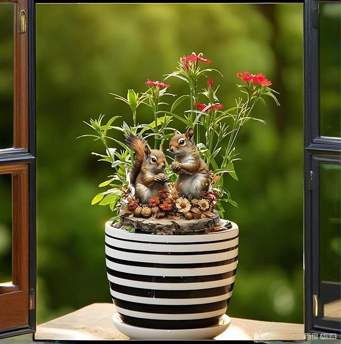 Garden Stake Decor, Acrylic 2D Flat Cute Animal Statue, Fairy Sculptures Ornament Indoor Outdoor Yard Lawn Pot Plant Decorative Accessories (Two Squirrels)