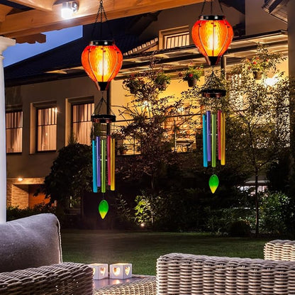 Starsoul Solar Wind Chimes for Outside, Rainbow Hot Air Balloon with Flickering Flame Solar Wind Chime, Glass Windchimes Outdoors Garden Decor, Gift for Mother's Day Mom Grandma