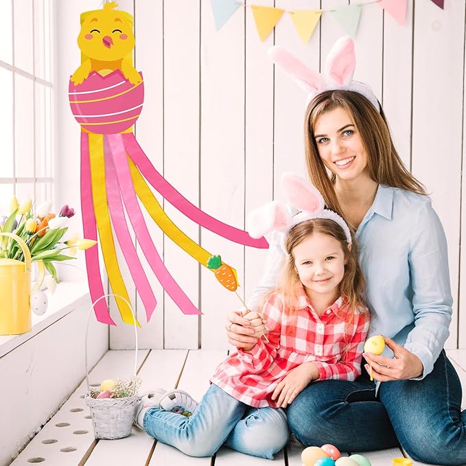 40 Inches Easter Chick Windsock Decorations, Hanging Outdoor Spring Decor with Pink Egg, and Pastel Colors Streamers, Festive Wind Sock Ornament Sign for Outside Garden, Home, Porch, and Yard