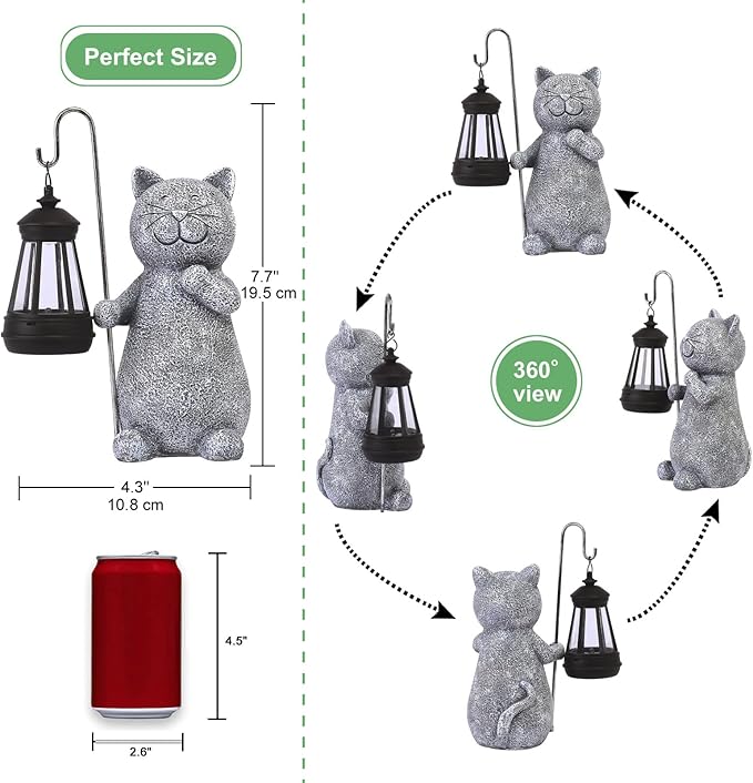 Qeeman Solar Cat Garden Statue: Weatherproof Resin Figurine with Warm Glow Lantern - Outdoor Decor for Yard Pathway Patio Porch Balcony - Gifts for Mom Grandma Cat Lovers