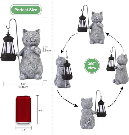 Qeeman Solar Cat Garden Statue: Weatherproof Resin Figurine with Warm Glow Lantern - Outdoor Decor for Yard Pathway Patio Porch Balcony - Gifts for Mom Grandma Cat Lovers
