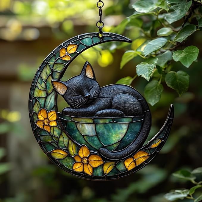 Earthy Tiffany Moon Cat Art Acrylic Suncatcher Stained Glass Effect Window Car Hanging Christmas Ornament Indoor Outdoor Decor Garden Sun Catcher Panel for Fairy Lover for Women Mom Grandma