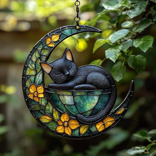 Earthy Tiffany Moon Cat Art Acrylic Suncatcher Stained Glass Effect Window Car Hanging Christmas Ornament Indoor Outdoor Decor Garden Sun Catcher Panel for Fairy Lover for Women Mom Grandma