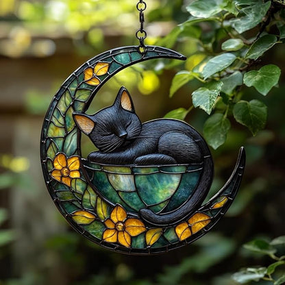 Earthy Tiffany Moon Cat Art Acrylic Suncatcher Stained Glass Effect Window Car Hanging Christmas Ornament Indoor Outdoor Decor Garden Sun Catcher Panel for Fairy Lover for Women Mom Grandma