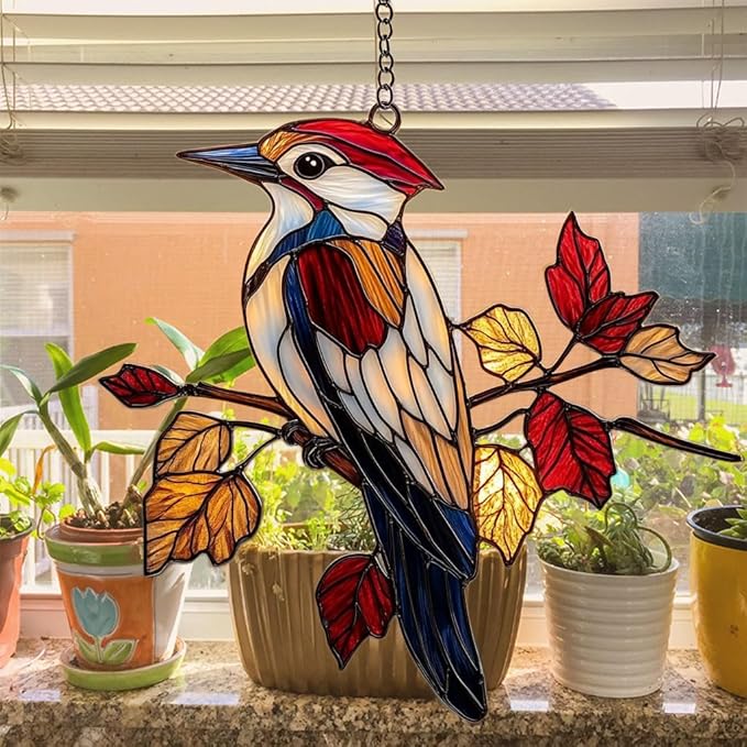 Red Woodpecker Acrylic Suncatcher Stained Glass Effect Window Car Hanging Christmas Ornament Indoor Outdoor Decor Garden Sun Catcher Panel for Acrylic Suncatcher Lover for Women Mom Grandma