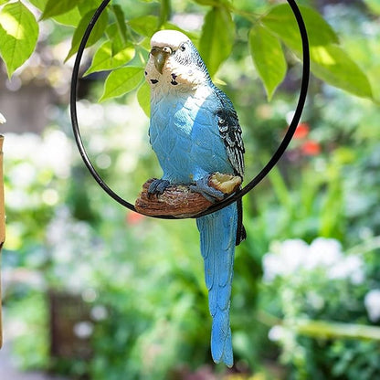 Hanging Parrot Statue Resin Parrot Ornament Metal Round Ring Decoration for Garden Resin Sculpture for Garden Patio Wall Craft Home Outdoor Decoration-02