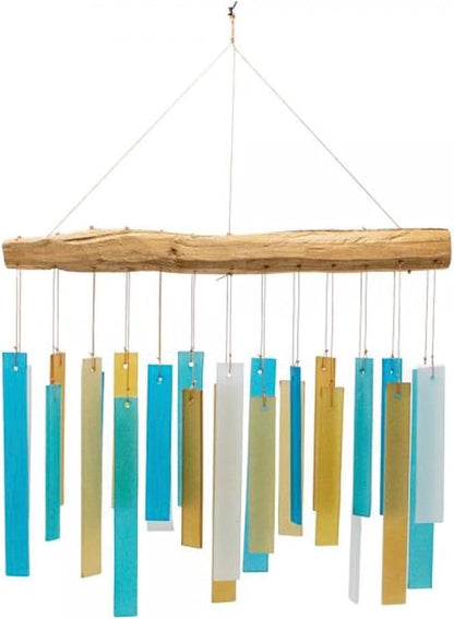 Blue Handworks Caribbean Beach Glass and Driftwood Chime - Sandblasted Glass and Found Wood Hand Crafted Wind Chime