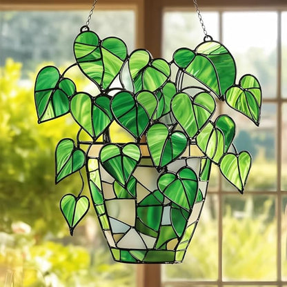 Pothos Monstera Plants Acrylic Suncatcher, Boho Suncatchers for Window Hangings, Stained Glass Effect Indoor Outdoor Garden Decor for Nature Lover, Gifts for Mother's Day, Mom, Grandma, Wife, Women