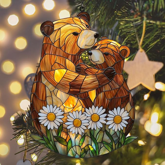 Cute Lovely Mother Bear Acrylic Suncatcher Stained Glass Effect Window Car Hanging Christmas Ornament Indoor Outdoor Decor Garden Sun Catcher Panel for Bear Lover for Women Mom Grandma