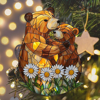Cute Lovely Mother Bear Acrylic Suncatcher Stained Glass Effect Window Car Hanging Christmas Ornament Indoor Outdoor Decor Garden Sun Catcher Panel for Bear Lover for Women Mom Grandma