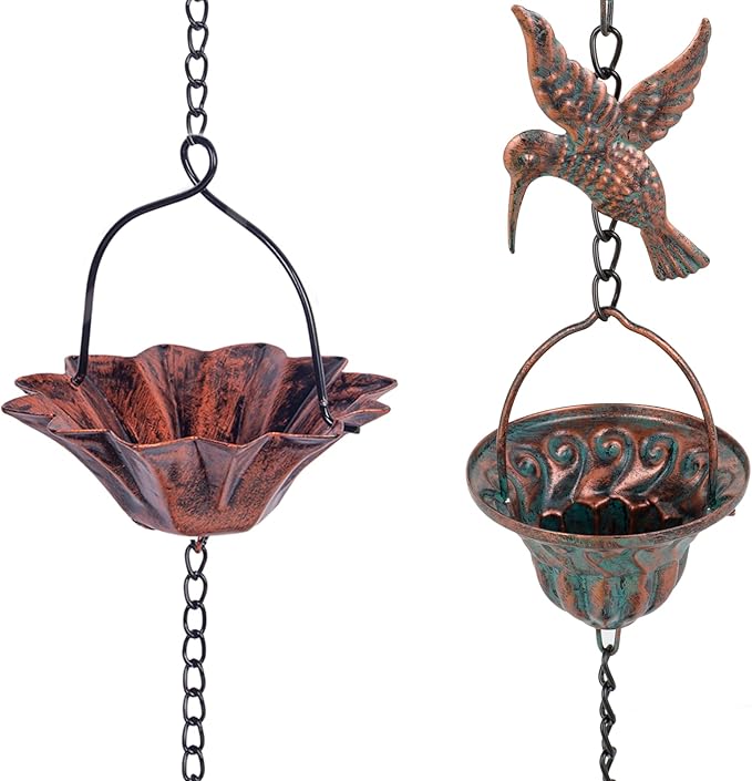 10 FT Lotus Rain Chain and 8.7 Ft Hummingbird Rain Chains, Adjustable Rain Gutter Chain with 12 Cups, Replacement for Downspout
