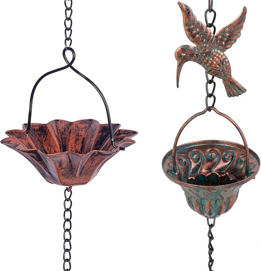 10 FT Lotus Rain Chain and 8.7 Ft Hummingbird Rain Chains, Adjustable Rain Gutter Chain with 12 Cups, Replacement for Downspout