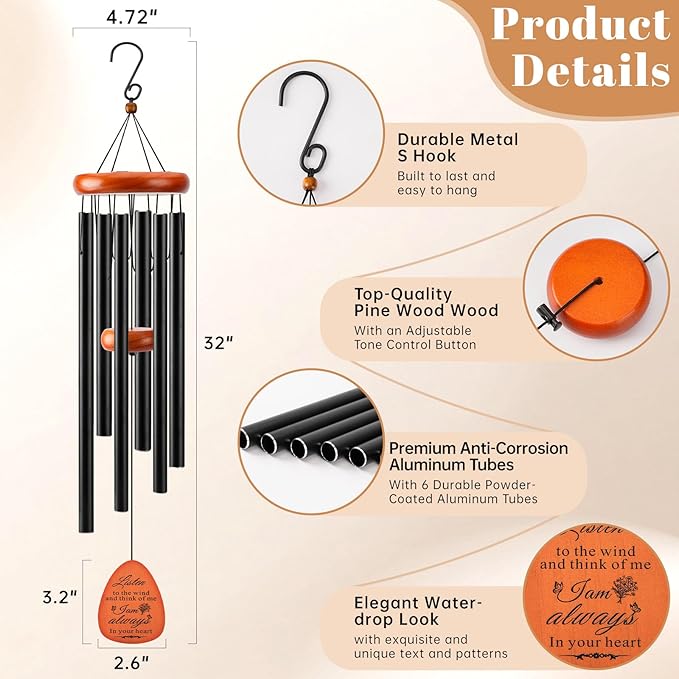 Sympathy Gifts for Loss of Loved One Memorial Wind Chimes Sympathy/Bereavement/Memorial Gifts for Loss of Mom Dad Husband, Grief Remembrance Condolences Gifts for Women, 32" Black