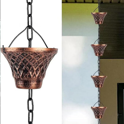 Pure Copper Garden Rain Chain 9FT Decorative Downspout Extension with 12 Cups for Roof Garden Gazebo Drainage Water Flow Outdoor Home Decor