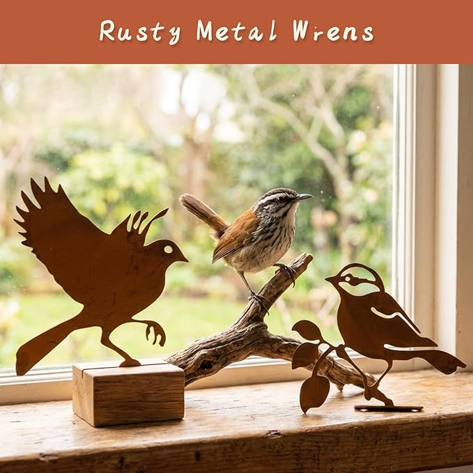 Rusty Metal Birds Garden Wrens Decor Set of 5 - Vintage Yard Art for Fence & Outdoor Rustic Bird Statues, Life-Size Wren Silhouettes, Weather-Resistant Metal Birds for Garden, Patio, and Home Decor