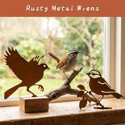 Rusty Metal Birds Garden Wrens Decor Set of 5 - Vintage Yard Art for Fence & Outdoor Rustic Bird Statues, Life-Size Wren Silhouettes, Weather-Resistant Metal Birds for Garden, Patio, and Home Decor