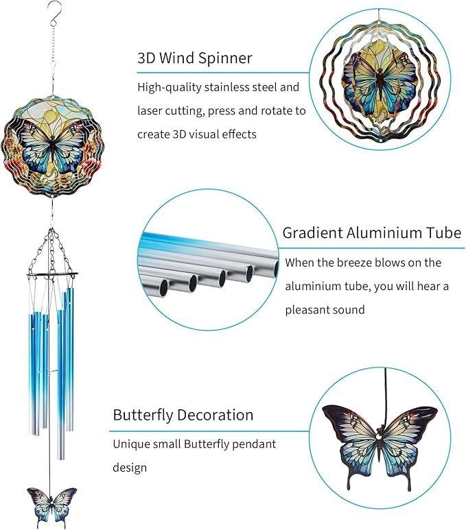 Butterfly Wind Spinner Chimes Outdoor - Hanging Garden Decor with Spinning Butterfly, Metal Wind Chimes for Patio, Yard, Backyard - Birthday Housewarming Gifts for Women/Mom/Grandma