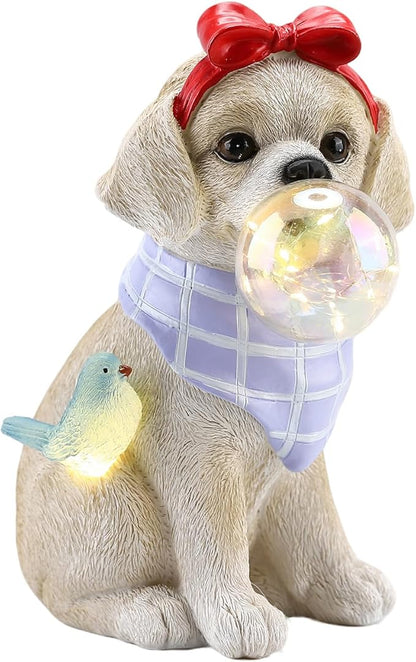 9.4" Solar Dog Garden Statue with Bubble Light, Cute Sitting Puppy Resin Outdoor Decor with Bird Light, Waterproof Solar Powered Animal Statue for Yard, Lawn, Garden