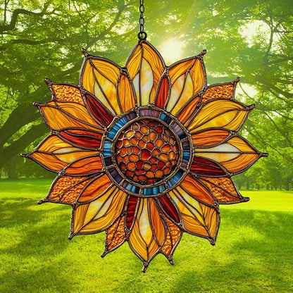 Sunflower Faux Tiffany Acrylic Suncatcher Stained Glass Effect Window Car Hanging Christmas Ornament Indoor Outdoor Decor Garden Sun Catcher Panel for Sunflower Lover for Women Mom Grandma