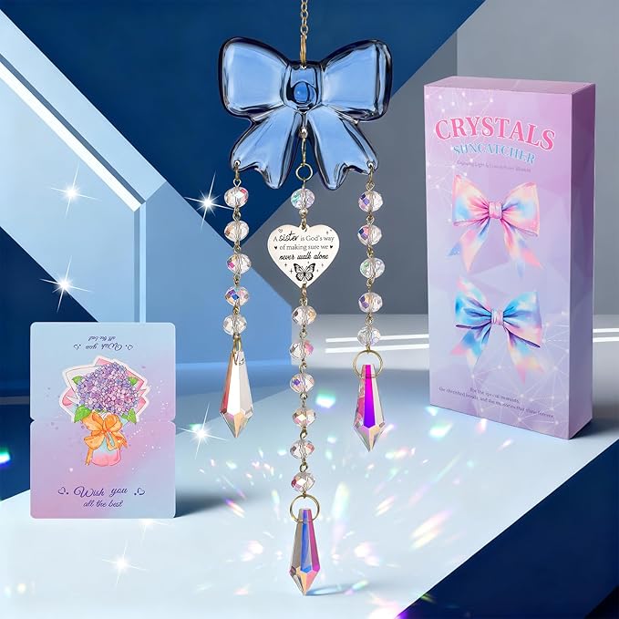 Crystal Sun Catchers Indoor Window,Bow Decor Sun Catcher for Sister Gifts with 3 Chains,Prism Rainbow Crystal Suncatcher for Hangings College Dorm Rooms Home Decoration Blue