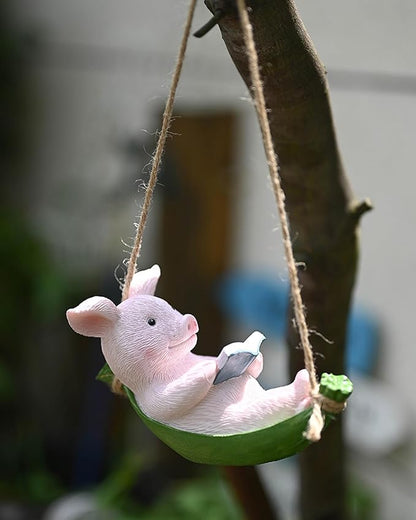 Hanging Hammock Swing Pig Figurine Statues for Garden Decor, Sleeping Reading Pig Tree Hanger for Yard Garden Indoor Outdoor Home Decoration
