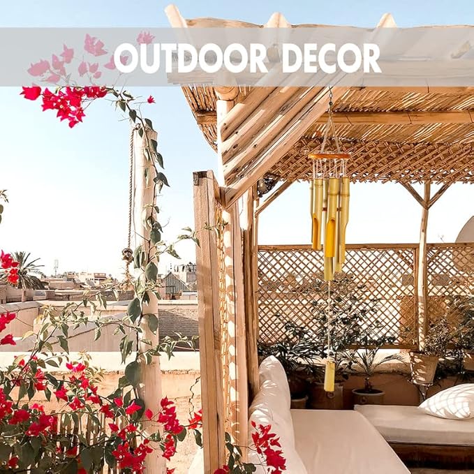Bamboo Wind Chimes 30" Long, Outdoor Wooden Wind Chime with Low Deep Tone for Garden/Home/Patio/Eaves/Villa/Windowsill Decor, Yellow