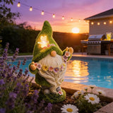 DiliComing Garden Flocked Gnomes Decor for Yard - Artificial Green Moss Gnome Statue with Solar Light, Dwarf Sculpture for Outdoor Patio Porch Lawn Decor, Spring Decorations for Home