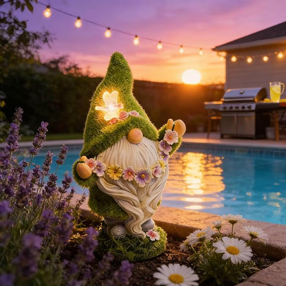 DiliComing Garden Flocked Gnomes Decor for Yard - Artificial Green Moss Gnome Statue with Solar Light, Dwarf Sculpture for Outdoor Patio Porch Lawn Decor, Spring Decorations for Home