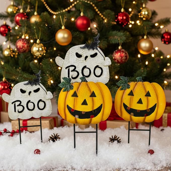 Metal Halloween Yard Stakes, Halloween Decorations Outdoor with Ghost Pumpkin, Jack-o-Lantern Stacked Garden Stakes Lawn Gift for Party Pathway Porch Patio Decor, 25“