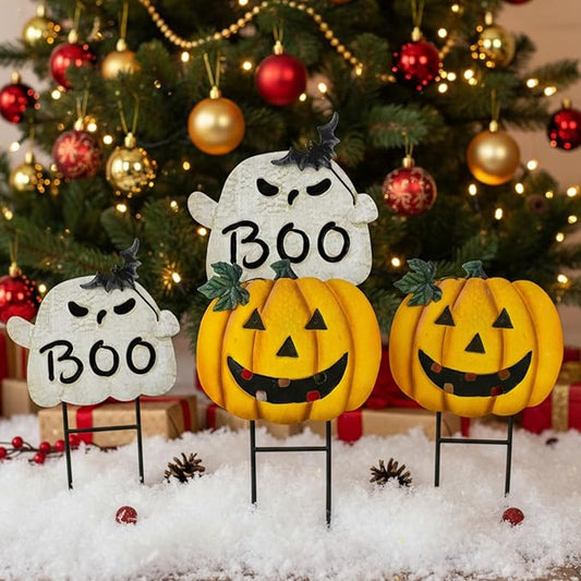 Metal Halloween Yard Stakes, Halloween Decorations Outdoor with Ghost Pumpkin, Jack-o-Lantern Stacked Garden Stakes Lawn Gift for Party Pathway Porch Patio Decor, 25“