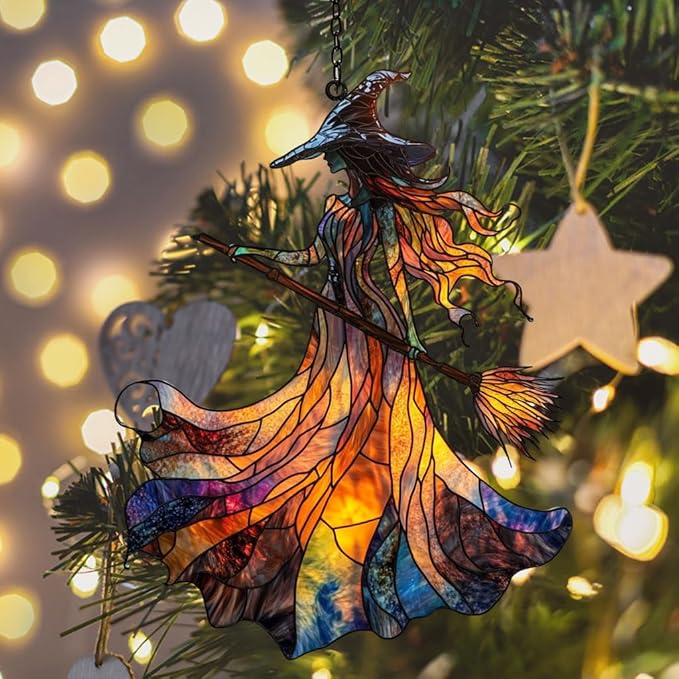 Scary Witch Acrylic Suncatcher Stained Glass Effect Window Car Hanging Christmas Ornament Indoor Outdoor Decor Garden Sun Catcher Panel for Halloween Lover for Women Mom Grandma
