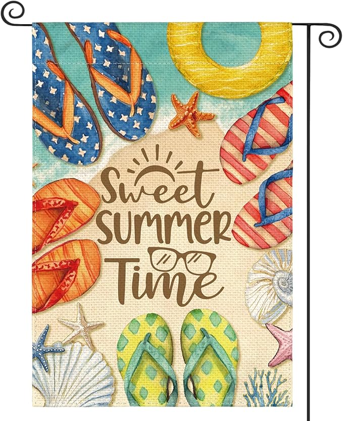 AVOIN colorlife Summer Beach Flip Flops Garden Flag 12x18 Inch Double Sided, Welcome Seasonal Coastal Burlap Yard Outdoor Decoration