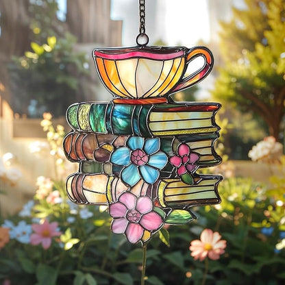 Book Tea Acrylic Suncatcher, Bookish Suncatchers for Window Hanging Ornament, Art Garden Decor for Book Lover Reader Bookworm, Gifts for Mother's Day, Mom, Grandma, Wife, Women, Nana