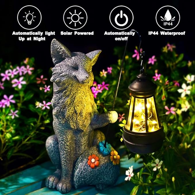Fox Statue for Garden Decor, Garden Statue with Solar Power Light for Outdoor Patio Porch Lawn Yard Backyard Oudside Indoor Shelf Decoration,Praying Fox Sculptures Gifts for Mom Grandma
