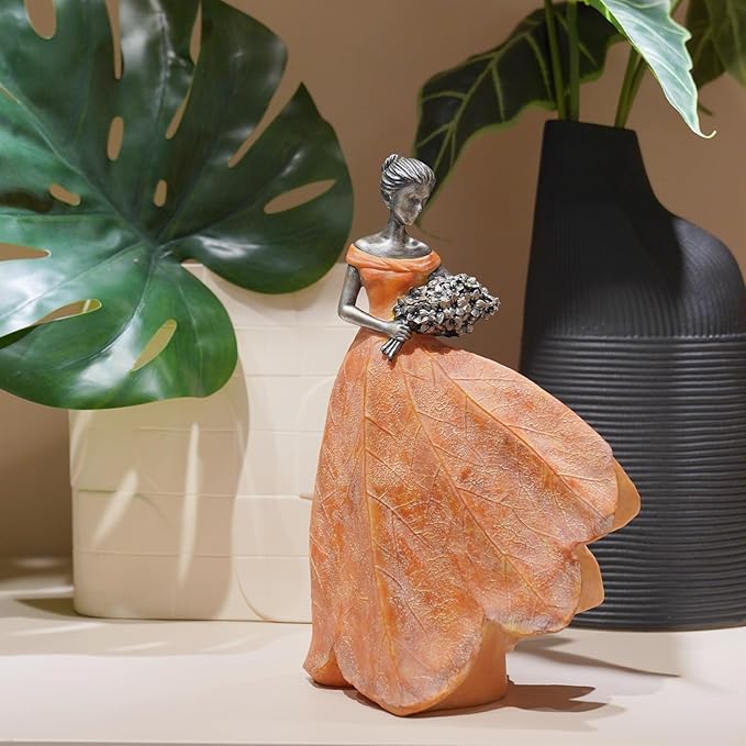Guichifun Fairy Statue Collection Home Decoration - Orange Leaf Angel Girls Resin Fall Thanksgiving Decor for Outside or Inside Rustic Garden Outdoor Yard Figurines Gift 7.5 x 4.5 x 11.5 Inch