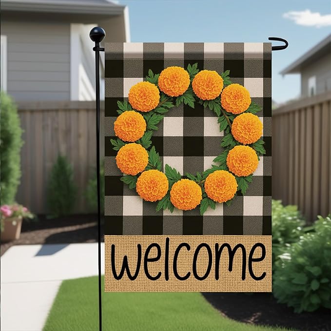 Buffalo Plaid Welcome Wreath Garden Flag Marigold Flower Flag 12x 18 Inch Double Sided Fall Outdoor Yard Decor for Porch Patio Lawn Farmhouse Decoration Fall Autumn Small Decor