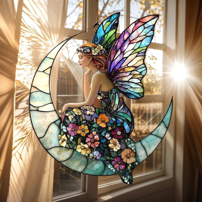 Crescent Moon Fairy Acrylic Suncatcher, Boho Suncatchers for Window Hanging Ornament, Art Garden Decor for Mythical Creatures Lover, Gifts for Mother's Day, Mom, Grandma, Wife, Women, Nana