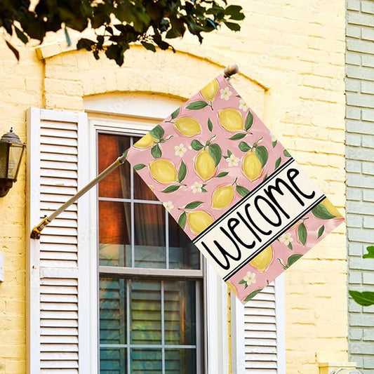 AVOIN colorlife Summer Lemon House Flag 28x40 Inch Double Sided Outside, Pink Welcome Seasonal Yard Outdoor Flag