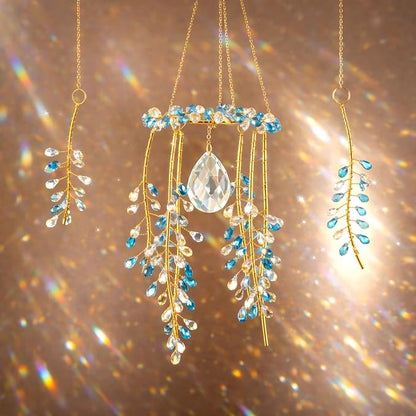 3 Pcs Crystal Suncatchers for Window Boho Decor, Green Plants Artificial Hanging Wind Chime Sun Catchers with Chain Rainbow for Indoor OutdoorDecor Plant Lover Gift (Blue)