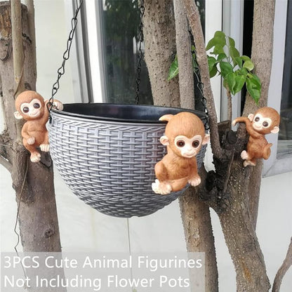 Ebrima Set of 3 Cute Animal Figurines Planter Pot Hanger Decorations, Resin Hanging Climbing Monkey Sculpture Outdoor Statues Ornaments for Flower Pot Garden Decor (3 Monkeys)