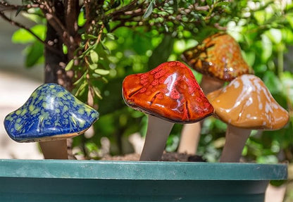 Ceramic Mushroom Garden Decor Pottery Ornament Figurine for Yard, Fairy Garden Decorations, Lawn Ornament Decor, Patio, Flowerpots Outdoor Statues 4.52" in Height 4pcs (Random Color)